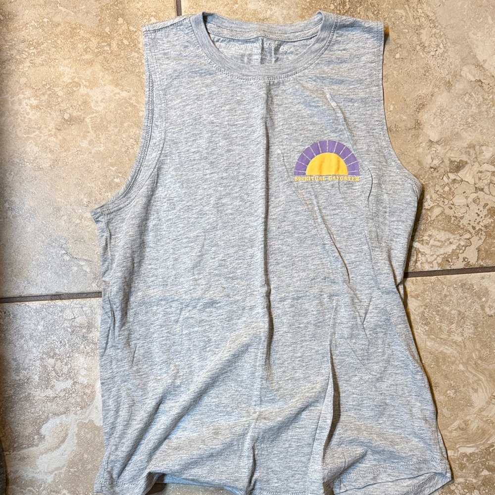 Spiritual Gangster Gray Tank Top with Purple and Yellow Sun Design